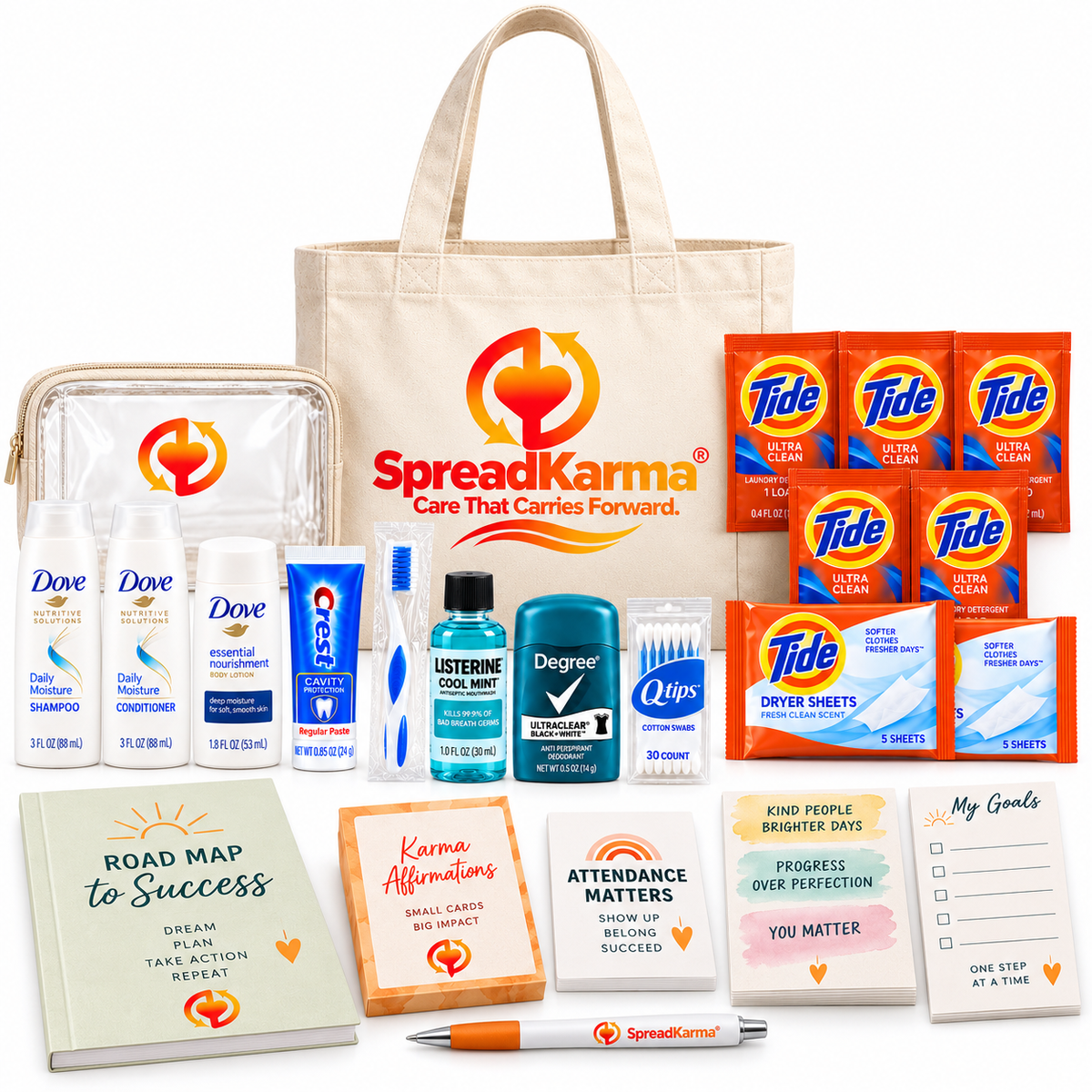 A comprehensive self-care and productivity gift set from SpreadKarma, featuring a beige tote bag, a clear zippered toiletry case, three Dove body wash bottles, a tube of toothpaste, a Listerine bottle, a Degrum mouthwash bottle, Qlips mouthwash, Tide laundry detergent, dryer sheets, sticky notes, affirmation cards, a road map, and a pen.