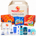 SpreadKarma Essentials Care Bundle with Dove hygiene items, bath mitt, clear pouch, Tide laundry detergent, OxiClean stain remover, Bounce dryer sheets, and branded gable box