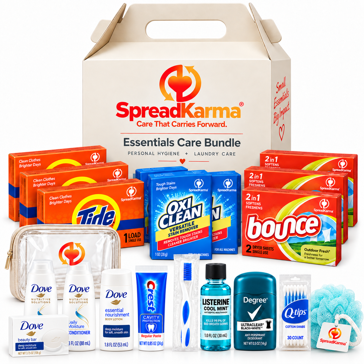 SpreadKarma Essentials Care Bundle with Dove hygiene items, bath mitt, clear pouch, Tide laundry detergent, OxiClean stain remover, Bounce dryer sheets, and branded gable box