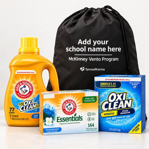 SpreadKarma Family Laundry Bundle with full-size laundry detergent, OxiClean stain remover, dryer sheets, and customizable reusable laundry bag