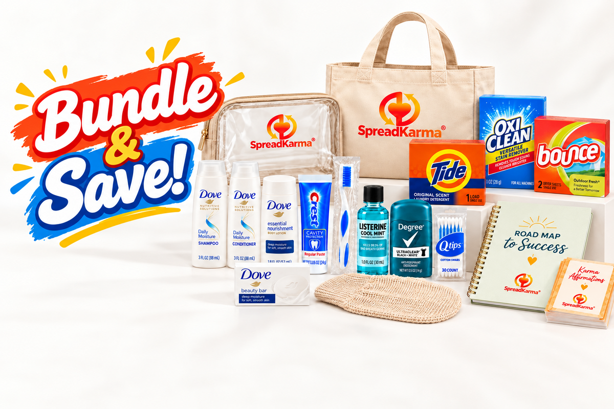 SpreadKarma care kit collection with premium hygiene, laundry, wellness and student support items on a white background