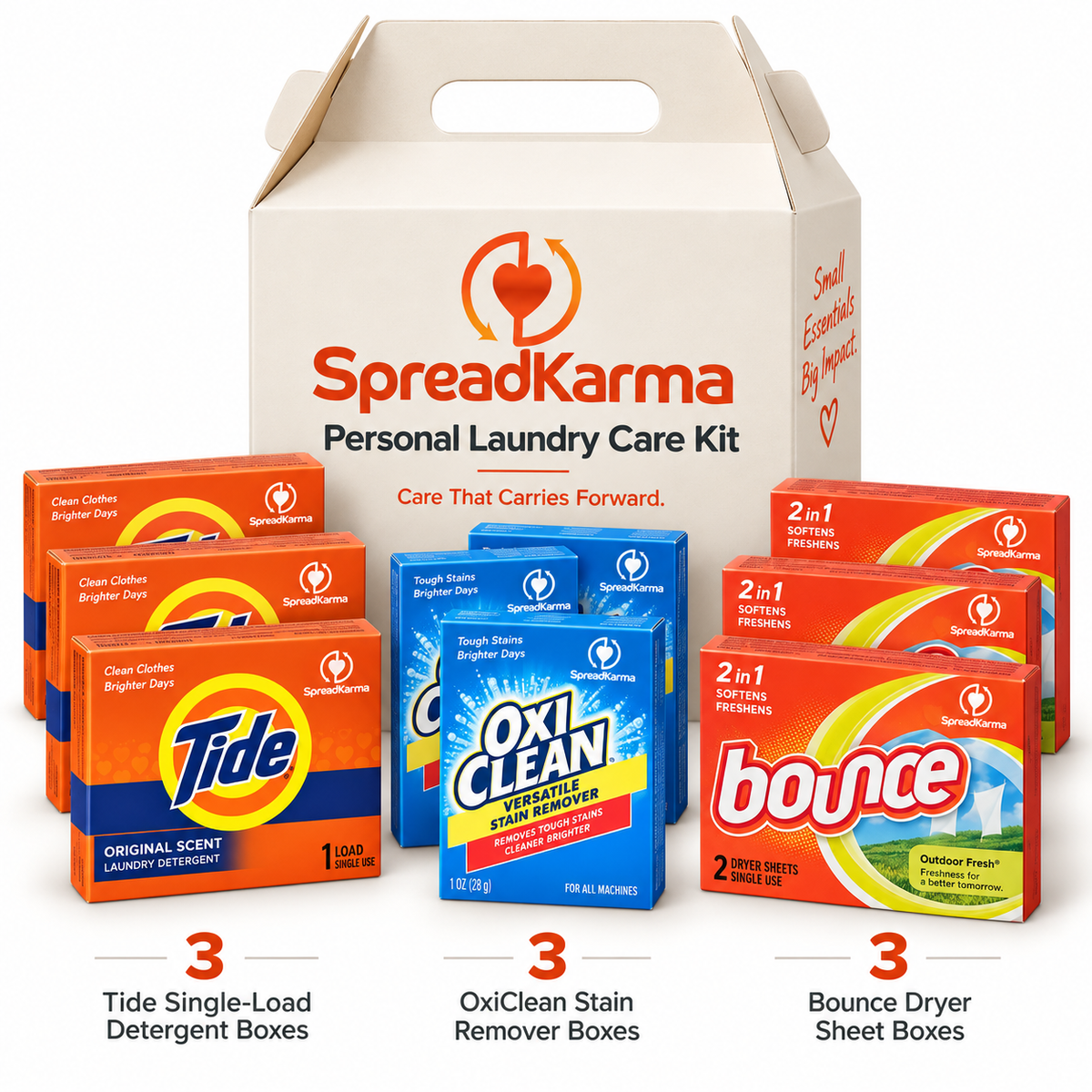 SpreadKarma Personal Laundry Care Kit with three Tide single-load detergent boxes, three OxiClean stain remover boxes, three Bounce dryer sheet boxes, and branded gable box